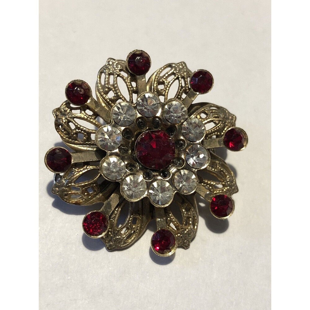 Vintage Layered Red & Crystal Rhinestone Gold Tone Flower Brooch Pin